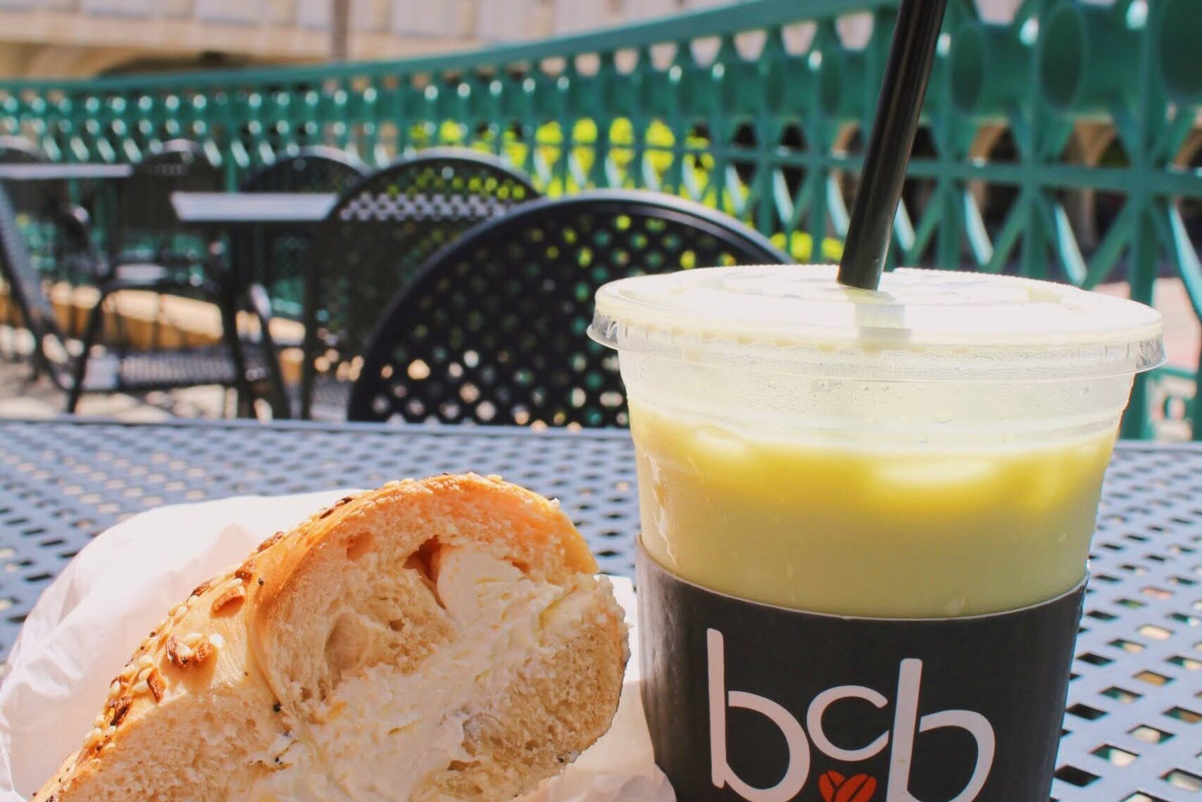 Matcha tea with bagel and cream cheese